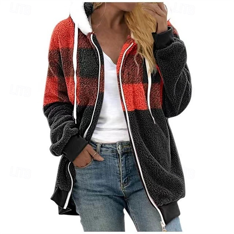 Women's Casual Jacket Comfortable Breathable Zipper Pocket Casual Plaid Vacation Street Casual Daily Wear Zipper Short Hooded Regular Fit Long Sleeve Outerwear Black Red Blue Spring Fall3