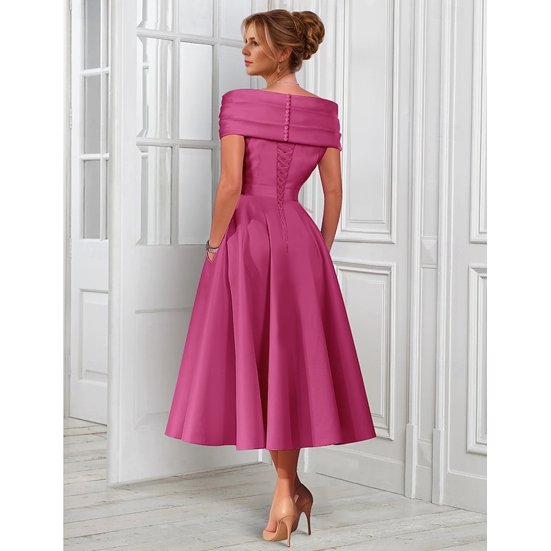 A-Line Cocktail Dresses Elegant Dress Formal Wedding Tea Length Midi Length Sleeveless Adjustable Cover Buttons Off Shoulder Satin with Pleats2