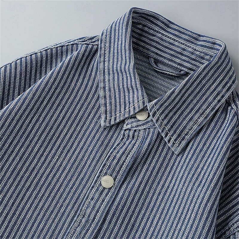 Men's Shirt Summer Shirt Casual Shirt Beach Shirt Button Up Shirt Blue Long Sleeve Stripe Lapel Vacation Hawaiian Front Pocket Clothing Apparel Polyester Fashion Casual Comfortable4