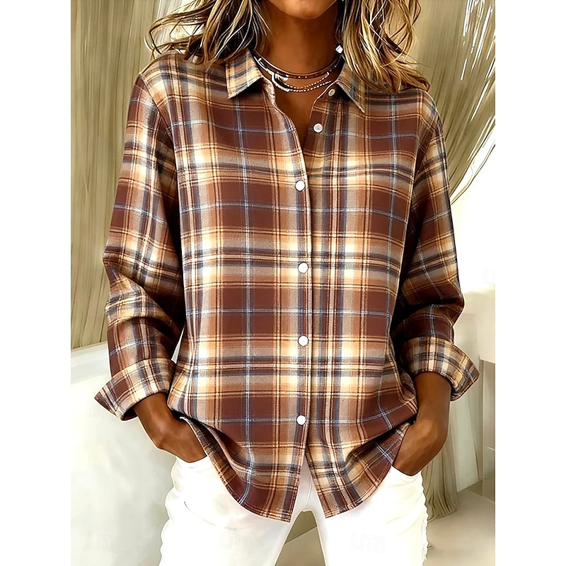 Christmas Women's Shirt Blouse Graphic Plaid Snowflake Vintage Tropical Stylish Long Sleeve Shirt Collar Regular Tops Daily Patchwork Buttons Print Red Camel Green Summer Spring Fall Winter3