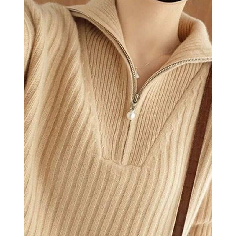 Women's Sweater Pullover Fashion Basic Casual Pure Color Ribbed Half Zip Zipper Knitted Long Sleeve Regular Tops Knit Outdoor Daily Weekend Khaki Fall Winter2