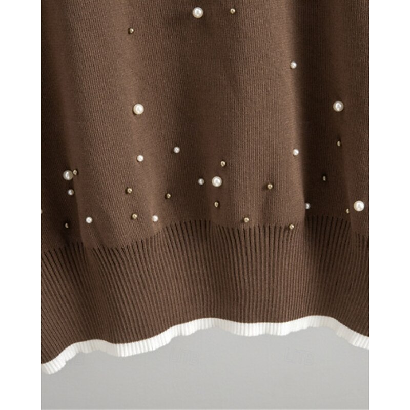 Women's Sweater Sweater Co-ords Streetwear Casual Color Block Crew Neck Beaded Knitted Long Sleeve Regular Tops Knit Daily Holiday Going out Black Apricot Fall Winter4