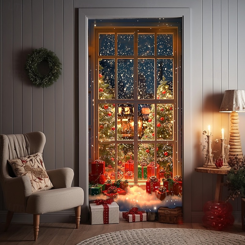 Christmas Door Cover Holiday Decoration Winter Theme Drapes Featuring Christmas Tree Gifts Print Large Fabric Panel Festive Home Decor For Living Room Bedroom Entryway Seasonal Celebration Party2