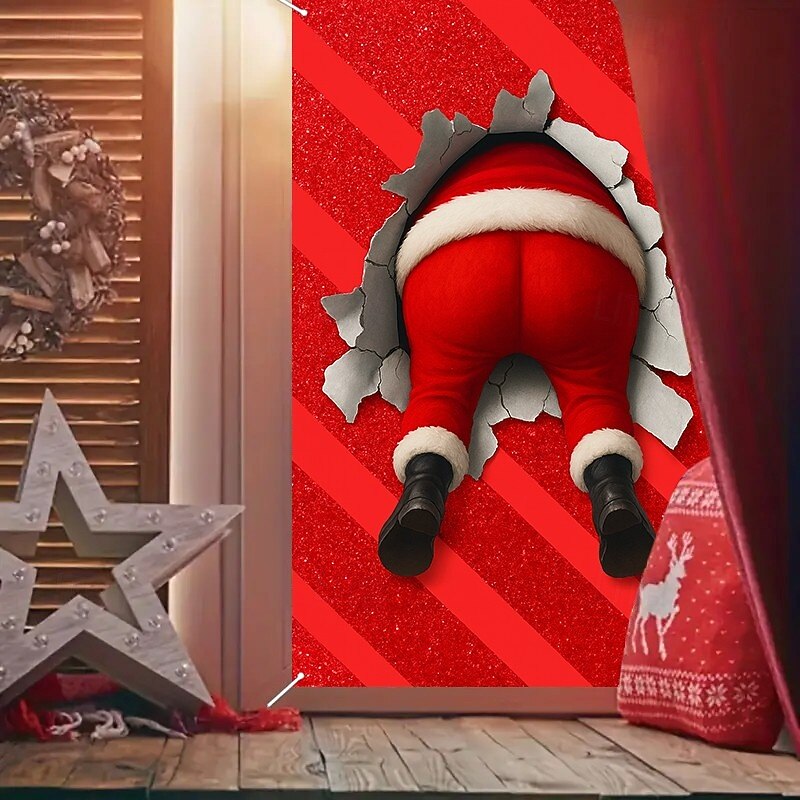 Christmas Santa Claus Butt Funny Curtain,2025 Xmas Novelty Window Curtain Door Cover for Holiday Party Decor, Indoor Outdoor Front Door Hanging Tapestry3