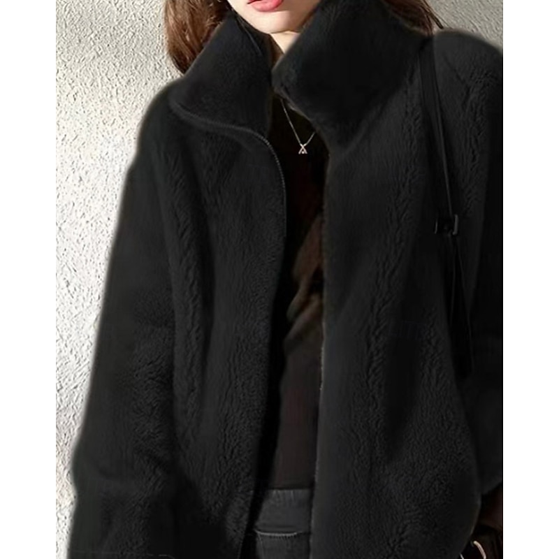 Women's Fleece Jacket Teddy Coat Warm Comfortable Zipper Pocket Casual Plain Vacation Street Daily Wear Going out Regular Stand Collar Regular Fit Long Sleeve Outerwear Black Fall Winter3