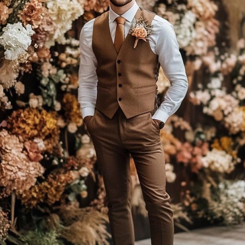 Men's Wedding Business Party Suits Notch Lapel Brown Daily Formal Solid Colored Tailored Fit 2 Piece2