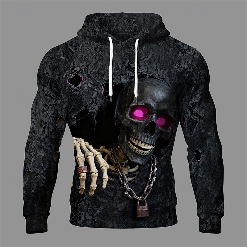 Halloween Men's Skull Hoodie Fashion Daily Hooded Vacation Party Streetwear Black Drawstring Pocket Printing Fall Winter Designer