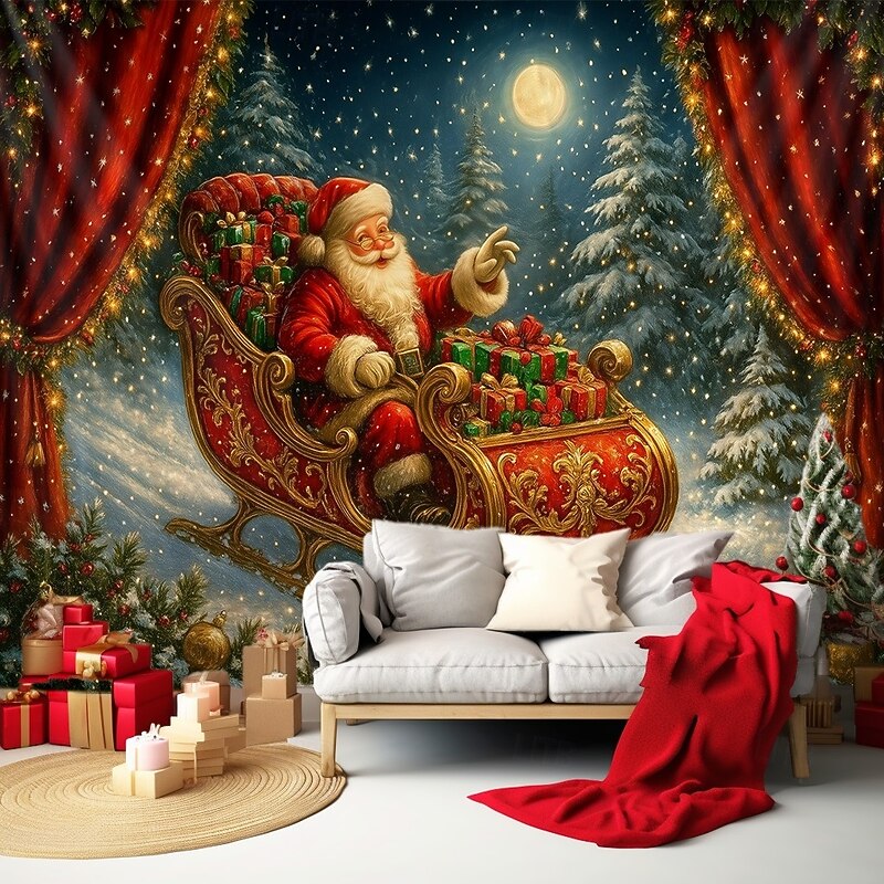 Chrismas Hanging Tapestry Santa Claus Sleigh Christmas Tree Sofa Large Wall Art Mural Decor Blanket Curtain Holiday Home Bedroom Living Room Festive Party Decoration4