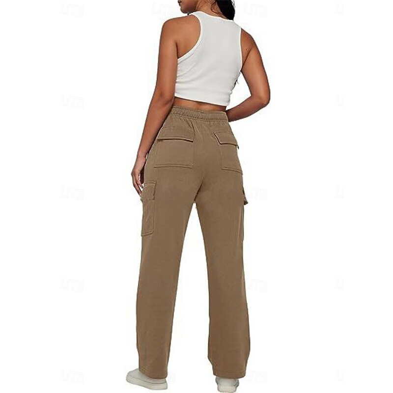 Women's Cargo Pants Chinos Fashion Streetwear Casual Full Length High Waist Plain Pocket Elastic Waistband Comfy Soft Comfortable Micro-elastic Outdoor Street Dark Brown Dark Grey Black White Spring3