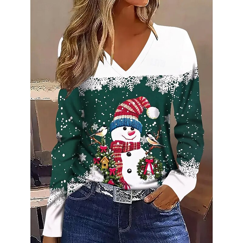 Christmas Women's T Shirt Graphic Snowman Vintage Stylish Classic Long Sleeve V Neck Regular Tops Daily Print Green Spring Fall Winter