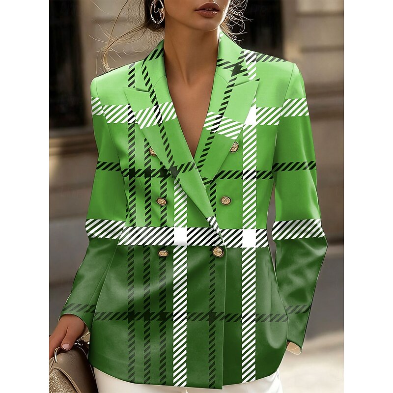 Women's Blazer Comfortable Breathable Buttons Print Fashion Casual Geometric Formal Office Street Casual Double Breasted Regular Notch Lapel Regular Fit Long Sleeve Outerwear Pink Blue Green Spring4