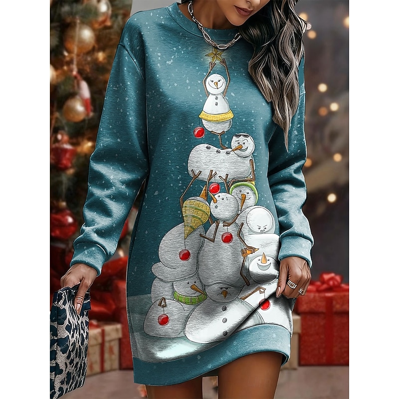 Christmas Women's Knee Length Dress Shift Dress Vacation Casual Birthday Date Regular Fit Graphic Snowman Ugly Christmas Long Sleeve Crew Neck Red Blue Green Spring Fall Winter2
