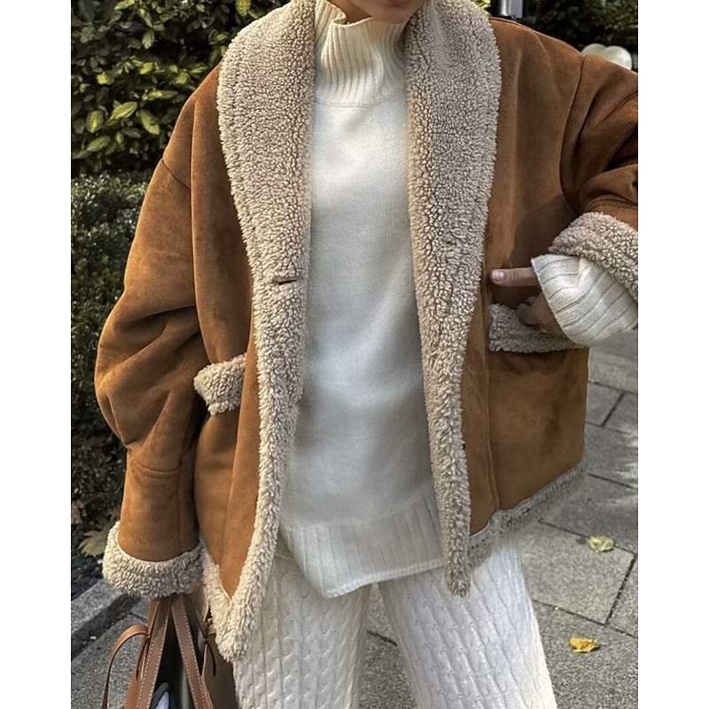 Women's Winter Coat Teddy Coat Warm Comfortable Pocket Buttons Vintage Color Block Vacation Daily Wear Going out Weekend Regular Lapel Loose Fit Long Sleeve Outerwear Black White Green Fall Winter