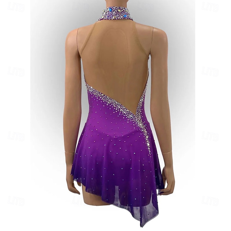 Figure Skating Dress Women's Girls' Ice Skating Dress Purple Patchwork Asymmetric Hem High Elasticity Training Competition Skating Wear Classic Crystal / Rhinestone Sleeveless Ice Skating Figure2