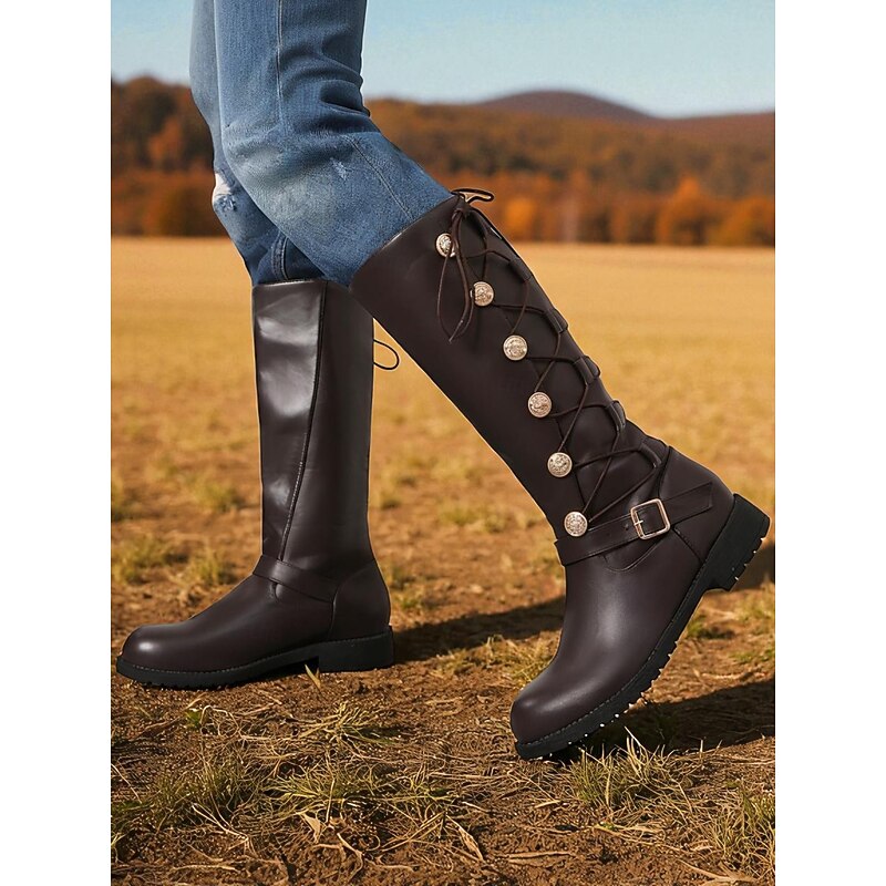 Women's Faux Leather Riding Boots – Brown Knee-High Lace-Up Equestrian Style with Buckle Strap and Decorative Buttons for Farm Work, Horseback Riding and Outdoor Fall Activities2