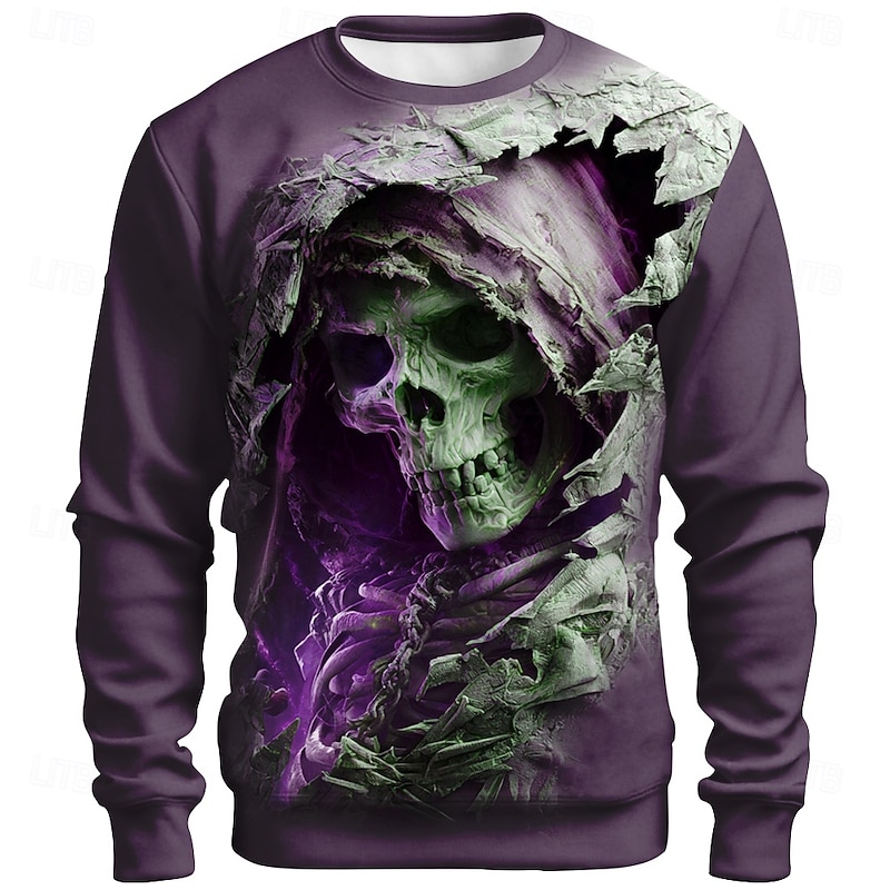 Halloween Men's Grim Reaper 3D Sweatshirt Punk Party Crew Neck Vacation Blue Purple Crewneck 3D All Seasons Designer2