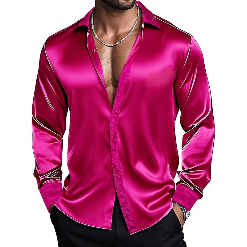 Men's Shirt Satin Shirt Dress Shirt Casual Shirt Button Up Shirt Prom Shirt Plain Performance Anniversary White Wine Red Royal Blue Long Sleeve Lapel All Seasons Clothing Apparel