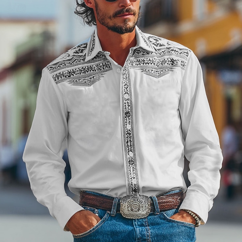 Men's Floral Print Ethnic Flowers Shirt Western Shirt Cowboy Shirt Long Sleeve Vintage Retro Outdoor Vacation Spring Fall Turndown 3D Print Linen Like Shirt Blue Brown Green Gray4