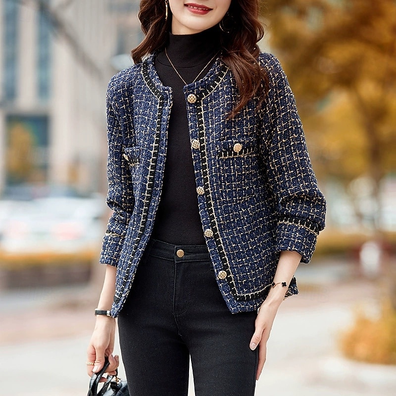 Women's Casual Jacket Warm Comfortable Pocket Buttons Fashion Outdoor Lattice Going out Weekend Single Breasted Regular Crewneck Regular Fit Long Sleeve Outerwear Black Fall Winter