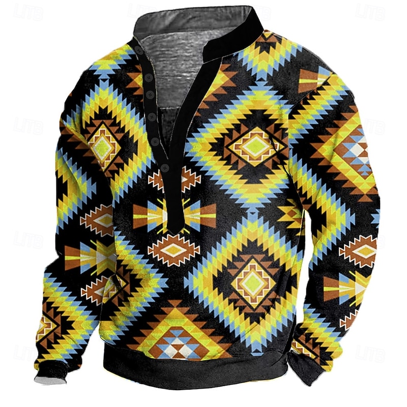 Men's Aztec Sweatshirt Ethnic 3D High Neck Gift Travel Streetwear Yellow Blue Button Front Fall Winter Designer3