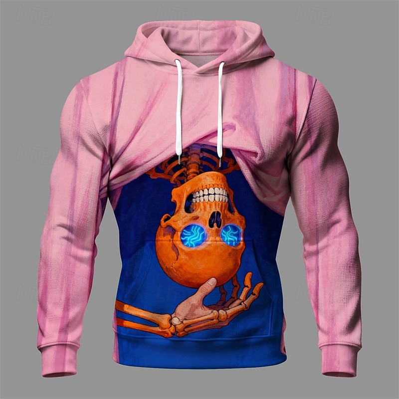 Halloween Men's Skull Hoodie Fashion Daily Hooded Vacation Party Streetwear Pink Drawstring Pocket Printing Fall Winter Designer