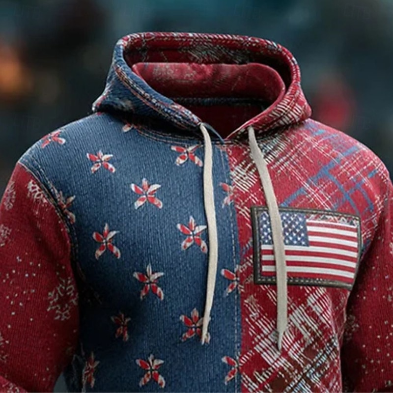 Christmas Men's American Flag Flower / Plants Hoodie Fashion Daily Hooded Vacation Party Streetwear Red Printing Fall Winter Designer2