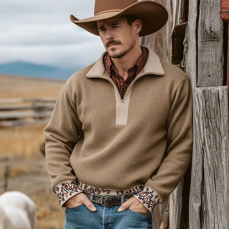 Men's Tribal Cowboy Sweatshirt Ethnic Vintage Retro Stand Collar Outdoor Work Gift Blue Brown Zipper Fall Winter Designer4
