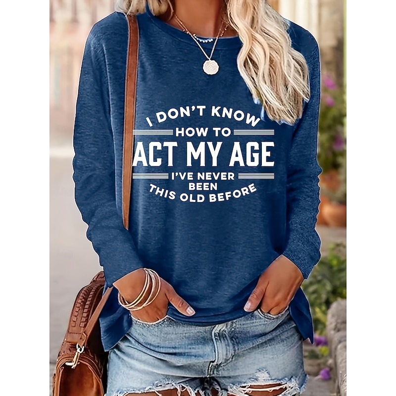 Women's T Shirt Graphic Letter Vintage Fashion Stylish Long Sleeve Crew Neck Regular Tops Daily Weekend Print Navy Blue Blue Gray Spring Fall3