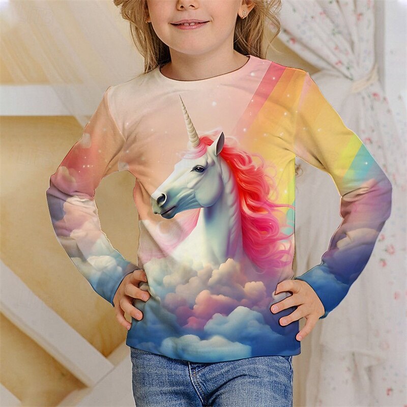 Girls' 3D Unicorn T shirt Tee Long Sleeve Spring Fall Fashion Basic Kids 4-12 Years Crew Neck Outdoor Casual Daily Regular Fit4