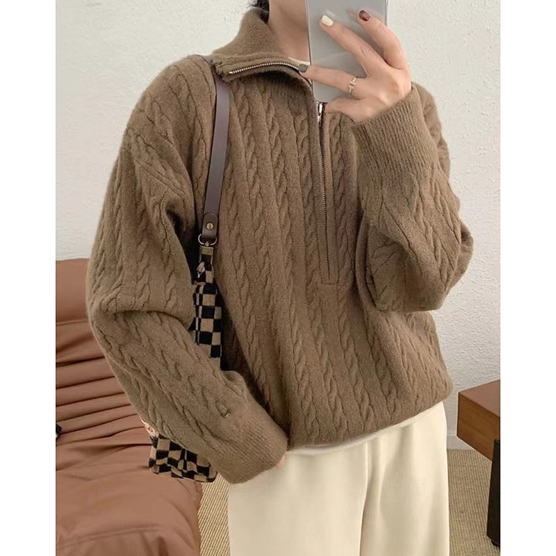 Women's Sweater Streetwear Casual Solid Color Ribbed Half Zip Knitted Long Sleeve Regular Tops Knit Outdoor Daily Weekend Coffee Fall Winter2