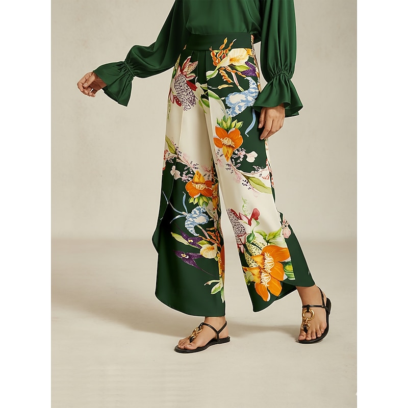 Women's Wide Leg Pants Satin Dark Green Floral Placement Print Front Overlap Slit Spring Autumn