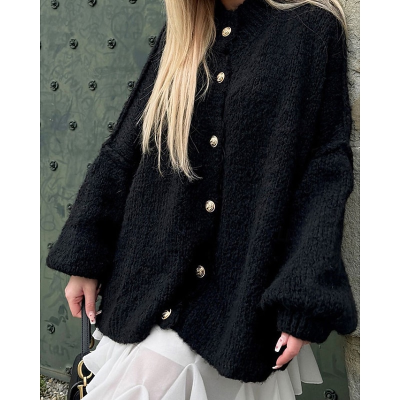 Women's Sweater Cardigan Vintage Streetwear Solid Color Ribbed Crew Neck Buttons Knitted Long Sleeve Regular Tops Knit Daily Going out Weekend Black Green Fall Winter2
