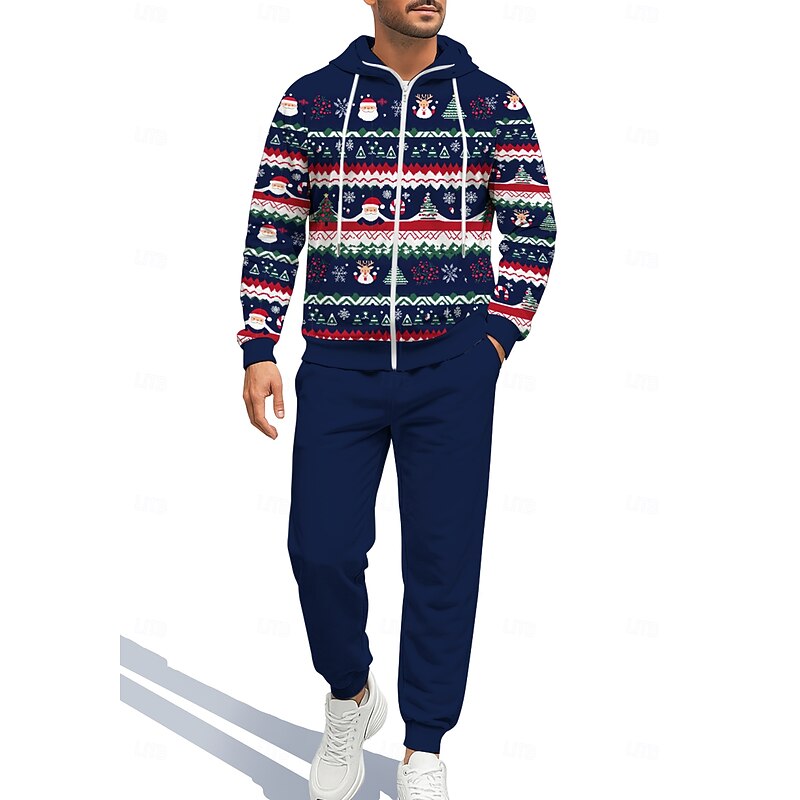 Christmas Men's Hoodie Tracksuit Zip Hoodie Drawstring Pockets Pants Hoodie Sweatshirt Fall Dark Navy Gym Workout Casual Basketball Baggy Long Sleeve Sport Activewear Stretchy Regular Fit3