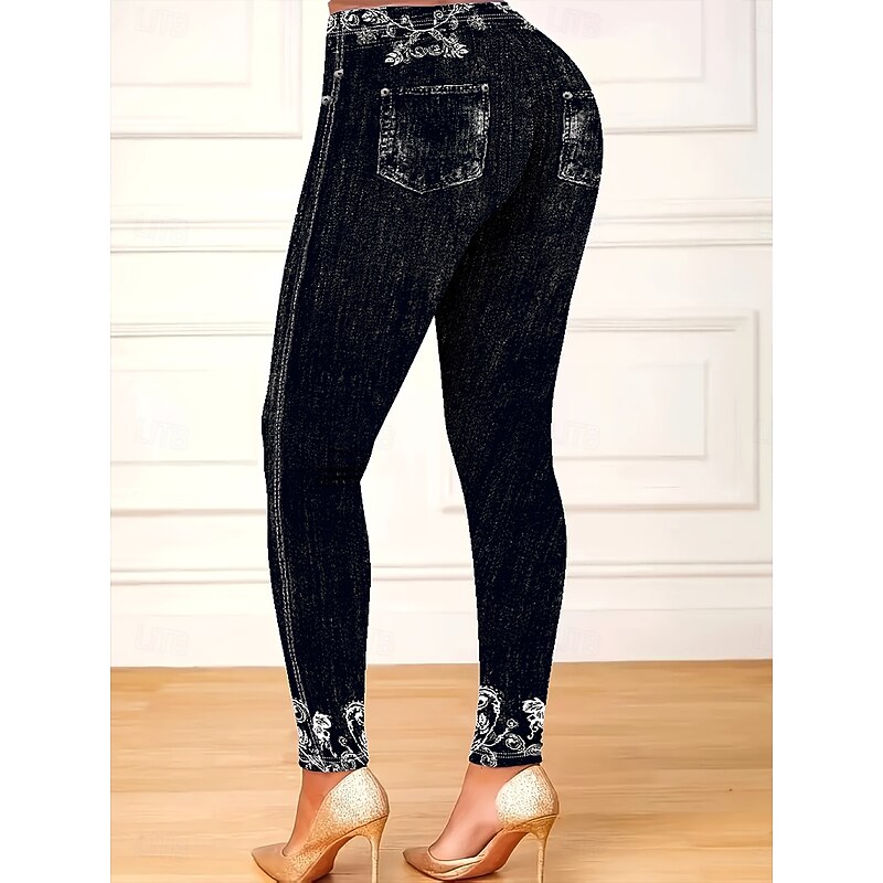 Women's Leggings Vacation Vintage Fashion Full Length High Waist Floral Graphic 3D Print Printing Thermal Warm Soft Breathable Stretchy Vacation Street Casual Black Spring Fall Winter Slim Fit3