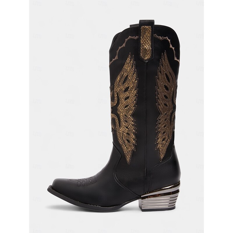 Women's Black / Gold Faux Leather Cowboy Boots with Gold Eagle Embroidery – Western Style Mid Calf Riding Boots for Country Concerts and Festivals4