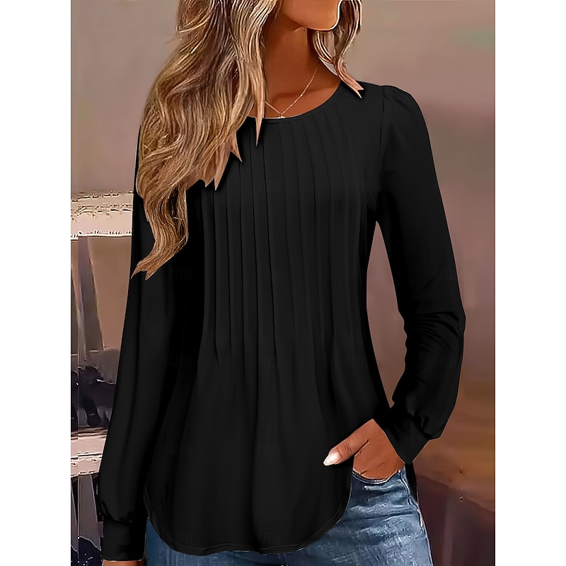 Women's Shirt Blouse Solid Color Vintage Stylish Classic Long Sleeve Crew Neck Regular Tops Daily Black White Spring Fall4