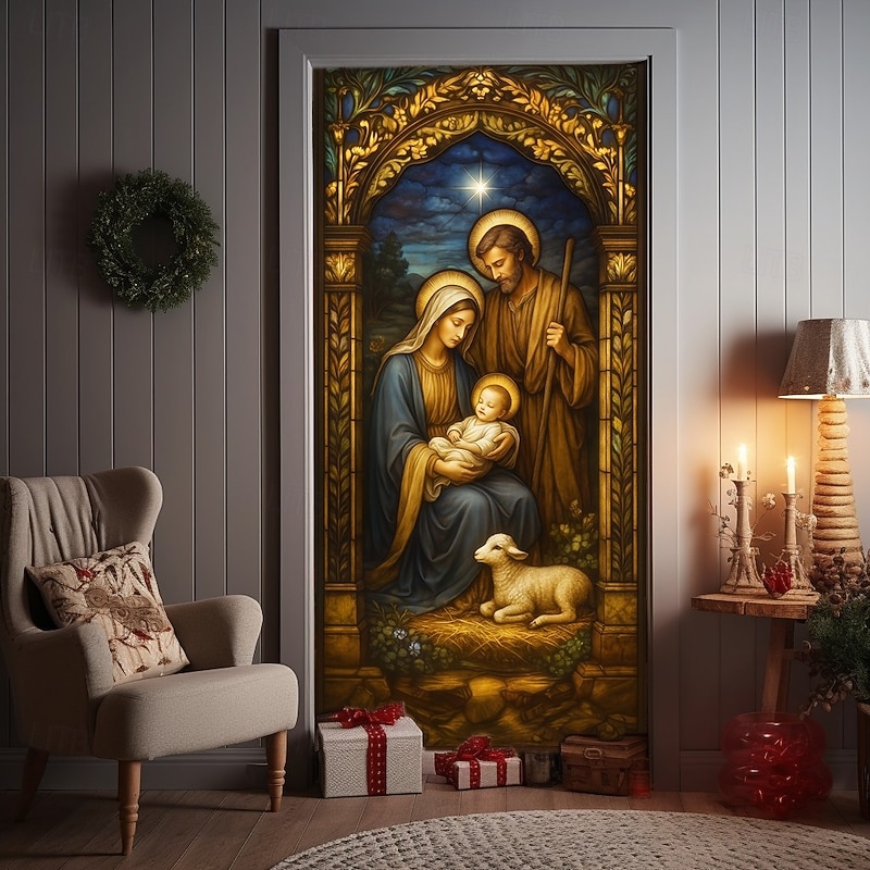 Christmas Door Cover, Stained Glass Holy Family Nativity Scene Holiday Door Curtain, Religious 2025 Xmas Door Hanging for Porch Church Home Decoration4
