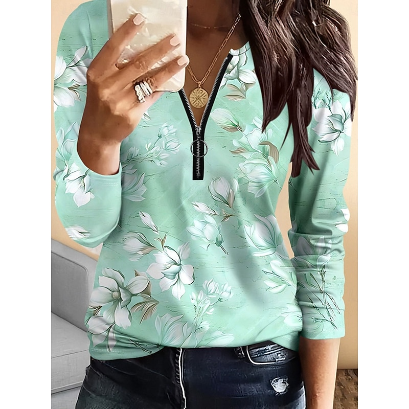 Women's T Shirt Floral Graphic Vintage Fashion Stylish Long Sleeve Crew Neck Regular Tops Daily Zipper Print Yellow Pink Purple Green Gray Spring Fall Winter2