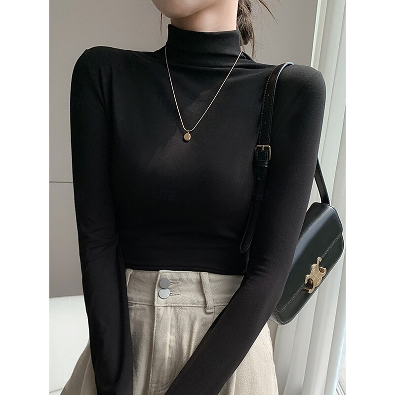Women's Blouse Solid Color Elegant Stylish Basic Long Sleeve Turtleneck Regular Tops Daily Black White Pink Brown Beige Spring Fall Winter