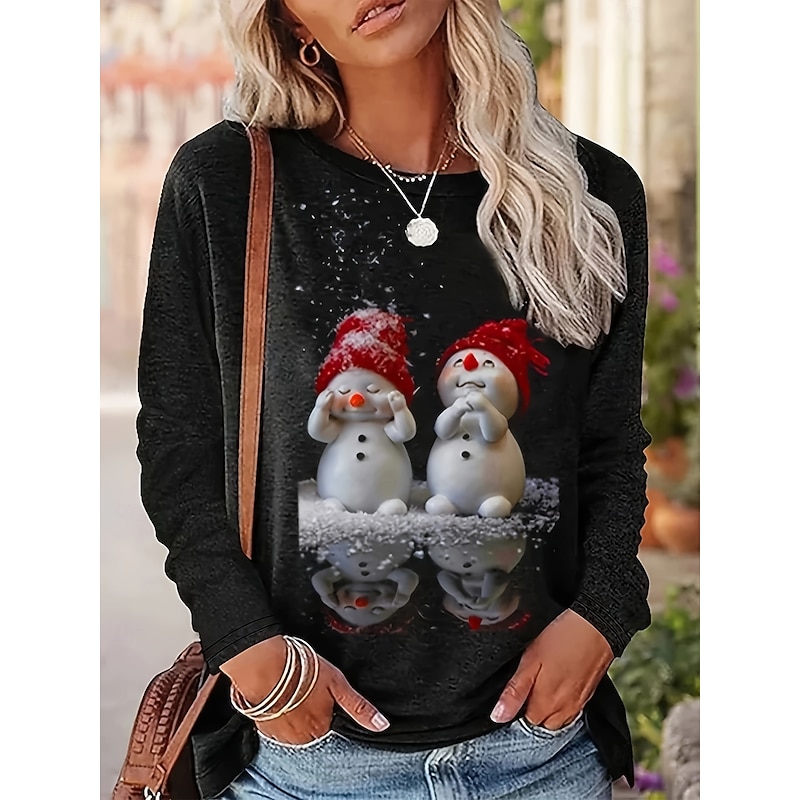 Christmas Women's T Shirt Graphic Snowman Elegant Vintage Fashion Long Sleeve Crew Neck Regular Tops Daily Going out Weekend Print Black Spring Fall Winter