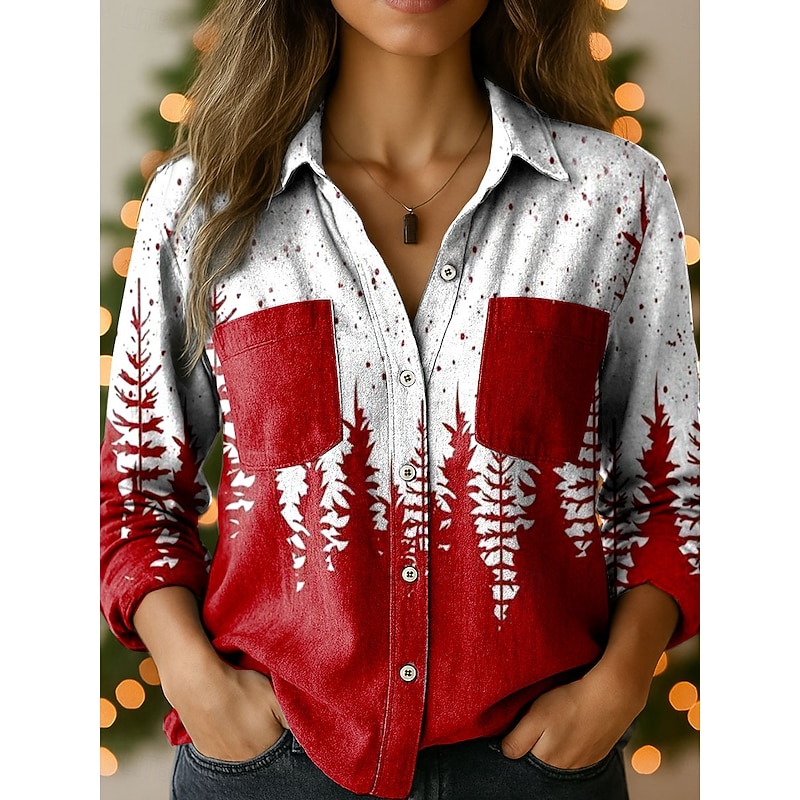 Christmas Women's Shirt Graphic Santa Claus Elegant Vintage Tropical Long Sleeve Shirt Collar Regular Tops Daily Holiday Pocket Buttons Print Black White Red Green Spring Fall Winter3