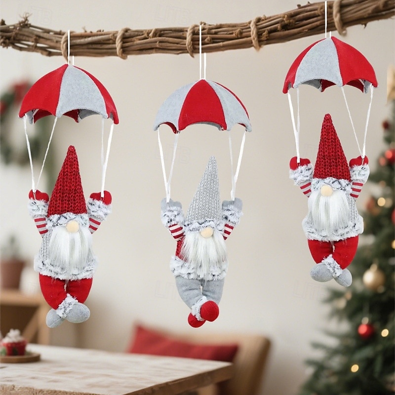 Santa Claus Fun Parachute with Red & White Umbrella Fabric Hanging Ornament with Fluffy Beard, Expressive Eyes & Black Pom-Pom Hat Ideal for Fireplace Decoration, Christmas Gift, Party Gift Home Decor3