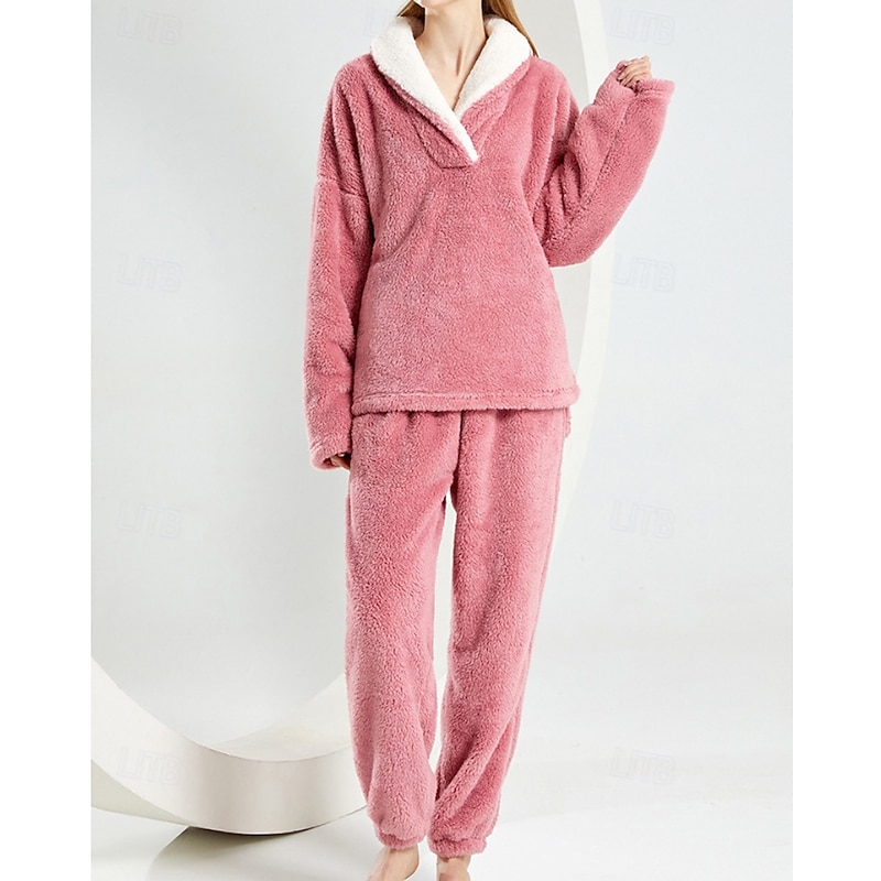 Women's Loungewear Pajama Set Casual Pure Color Elastic Waist Pullover Pant Vacation Home Long Sleeve V Neck Black Wine Purple Rose Red Beige Winter Loose Fit