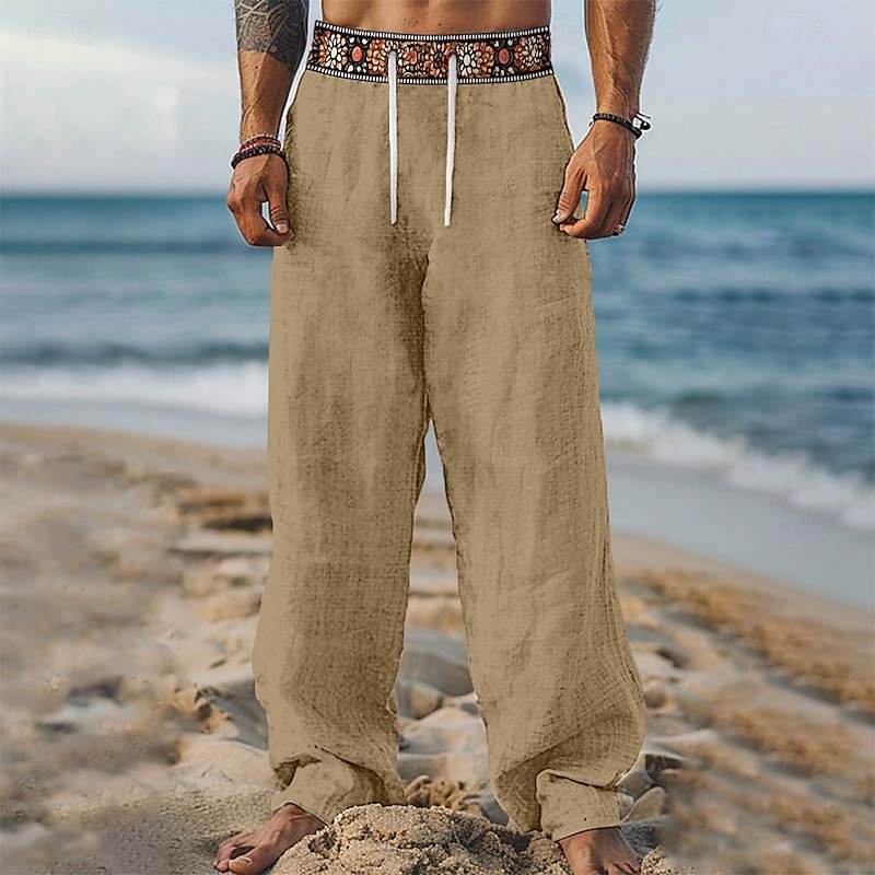 Men's Linen Pants Trousers Summer Pants Beach Pants Drawstring Patchwork Elastic Waist Geometric Comfort Breathable Full Length Casual Daily Holiday Vacation Fashion Green Khaki