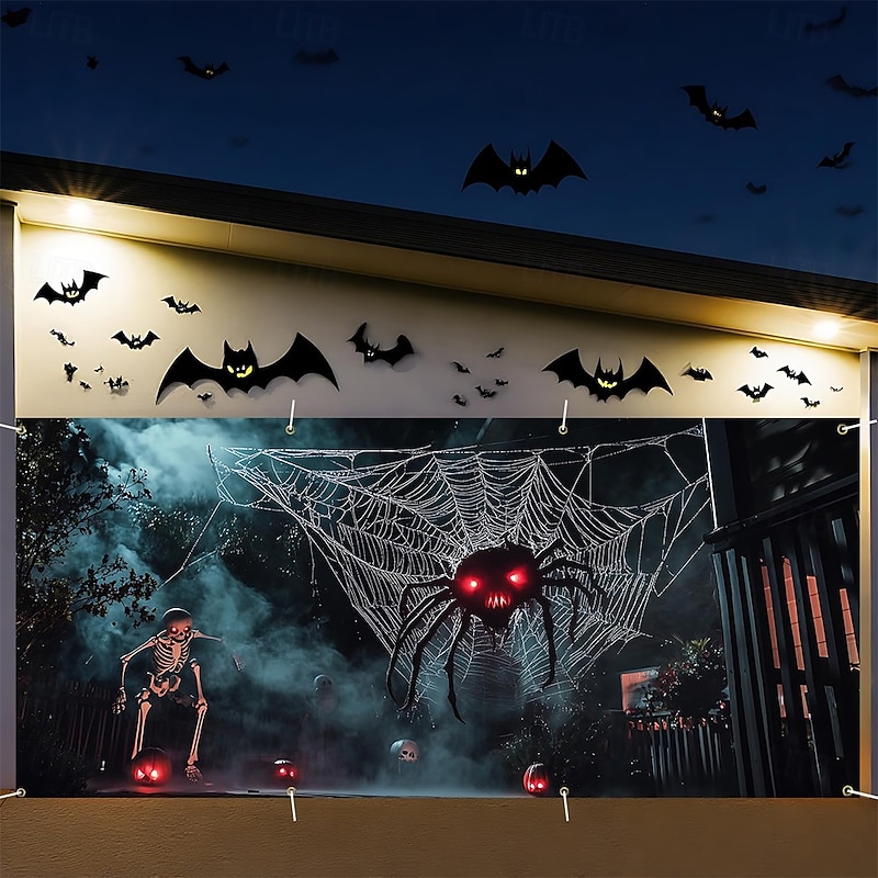 Halloween Garage Door Cover Large Hanging Backdrop Spider 3D Dark Punk Gothic Style Party Outdoor Shooting Backgrounds Yard Haunted House Home Decor