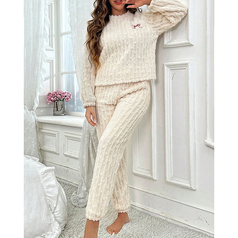 Women's Loungewear Pajama Set 2 Pieces Casual Comfort Pure Color Elastic Waist T Shirt Pant Home Daily Long Sleeve Crew Neck Beige Fall Winter Regular Fit2