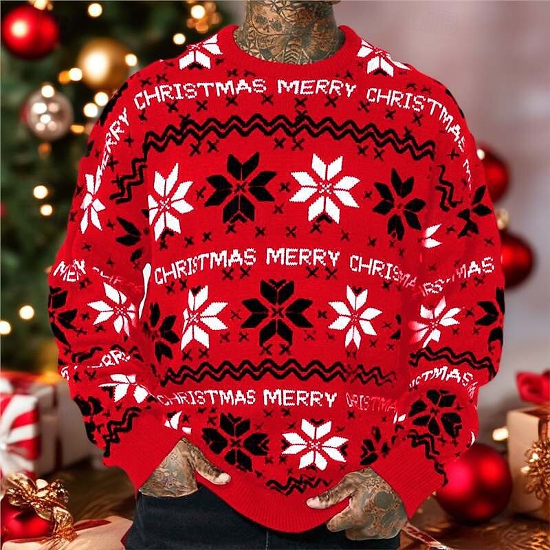 Christmas Men's Text Snowflake Pullover Sweater Jumper Knitwear Crewneck Casual Vacation Daily Festival 3D Print Keep Warm Long Sleeve Fall Winter Black Red2