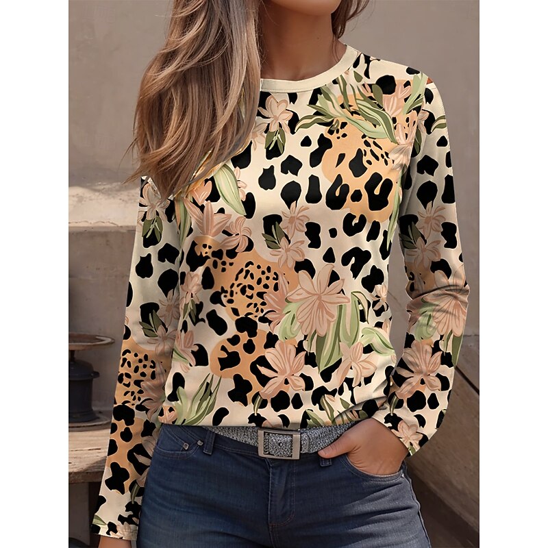 Women's T Shirt Graphic Leopard Geometric Vintage Fashion Stylish Long Sleeve Crew Neck Regular Tops Daily Weekend Print Pink Blue Purple Green Khaki Spring Fall