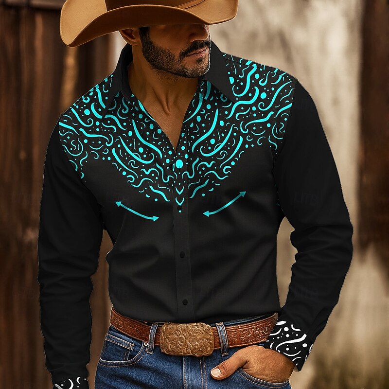 Men's Floral Print Ethnic Shirt Western Shirt Button Up Shirt Long Sleeve Vintage Retro Outdoor Casual WorkWear Spring Fall Turndown 3D Print Collared Shirts Black-Red Black+White Black+Blue
