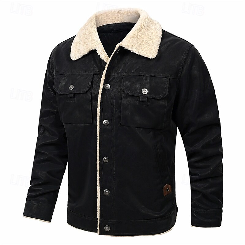 Men's Faux Leather Jacket Winter Jacket Fleece Jacket Casual Jacket Vacation Daily Thermal Warm Pocket Fleece Fall Winter Plain Fashion Streetwear Lapel Regular Black Jacket3
